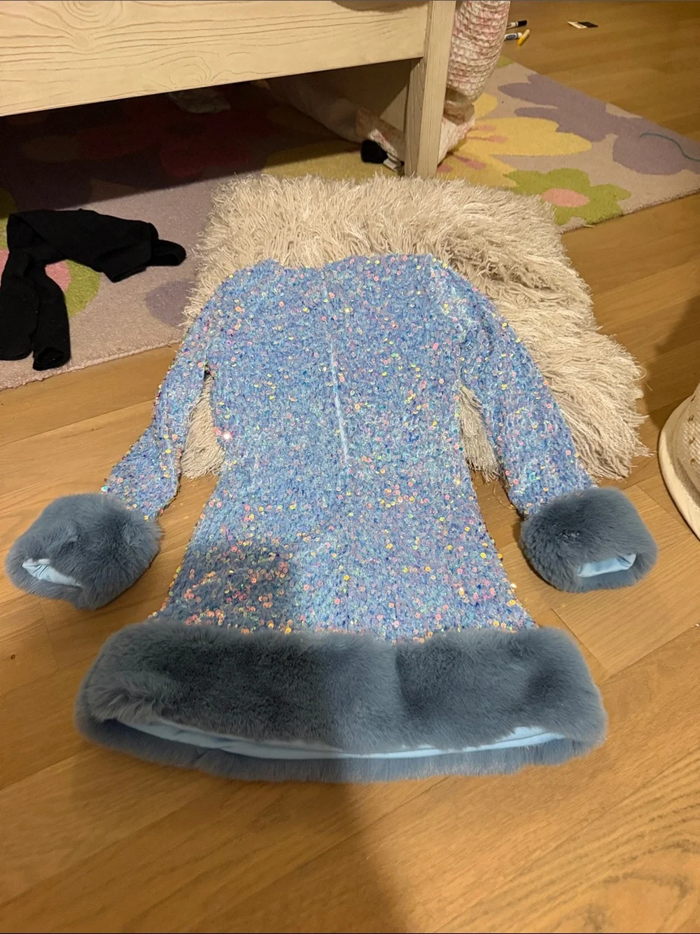 Lola + The Boys Blue Sequin and Faux-Fur Trim Dress